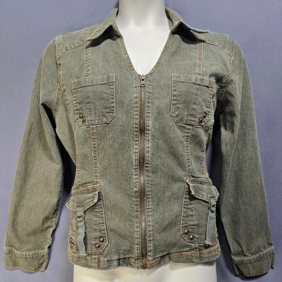 Y2K Fitted Denim Utility Jacket Size XXL Green Full Zip Flap Pockets Grunge - Picture 2 of 16
